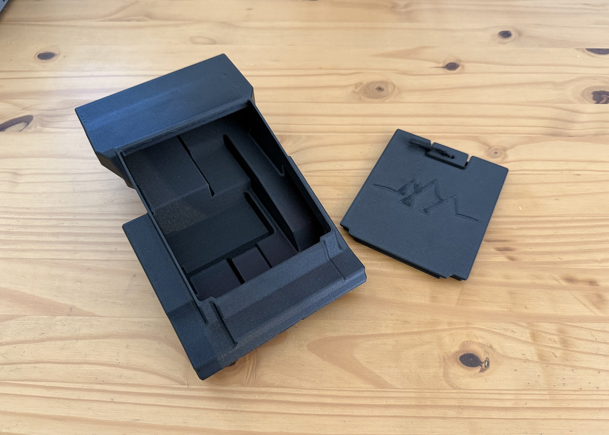 MotoCubby Nomad IV storage box open, interior compartments